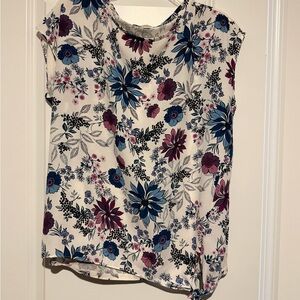 LOFT White Floral Cap-Sleeve Blouse with Blue & Plum Flowers